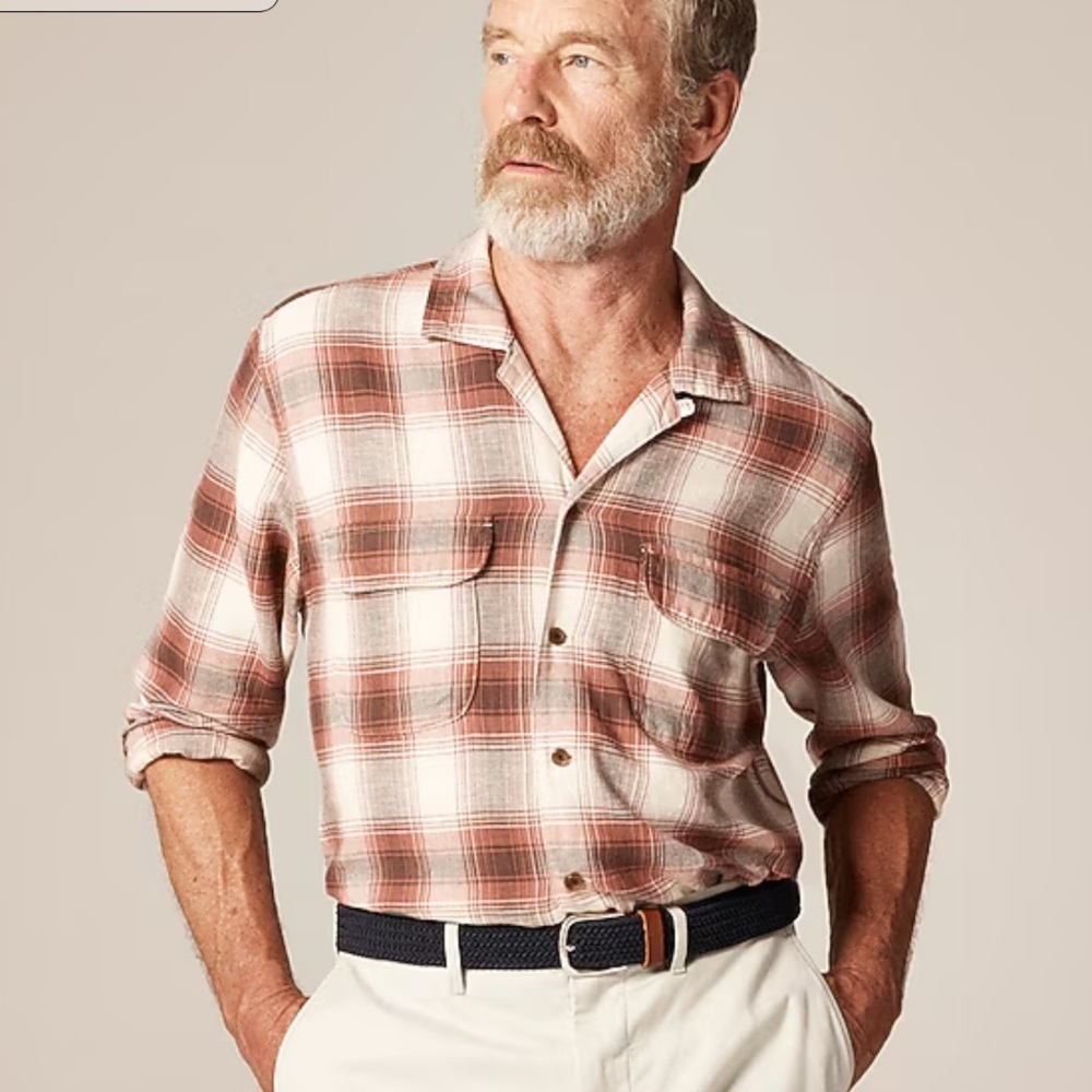 J crew safe pink brown Cotton-hemp blend twill camp-collar shirt